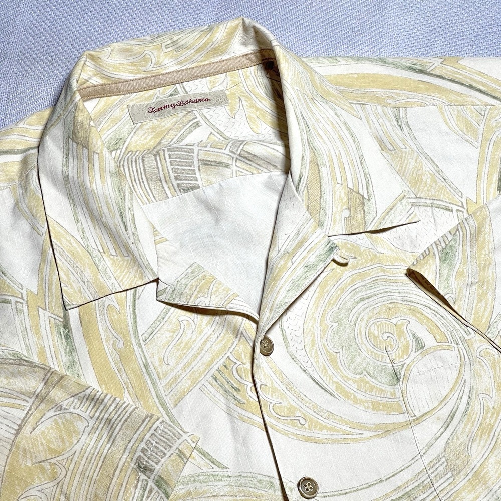 Tommy‎ Bahama Hawaiian Camp Shirt Mens 2XL Yellow Abstract Ocean Waves 100% Silk